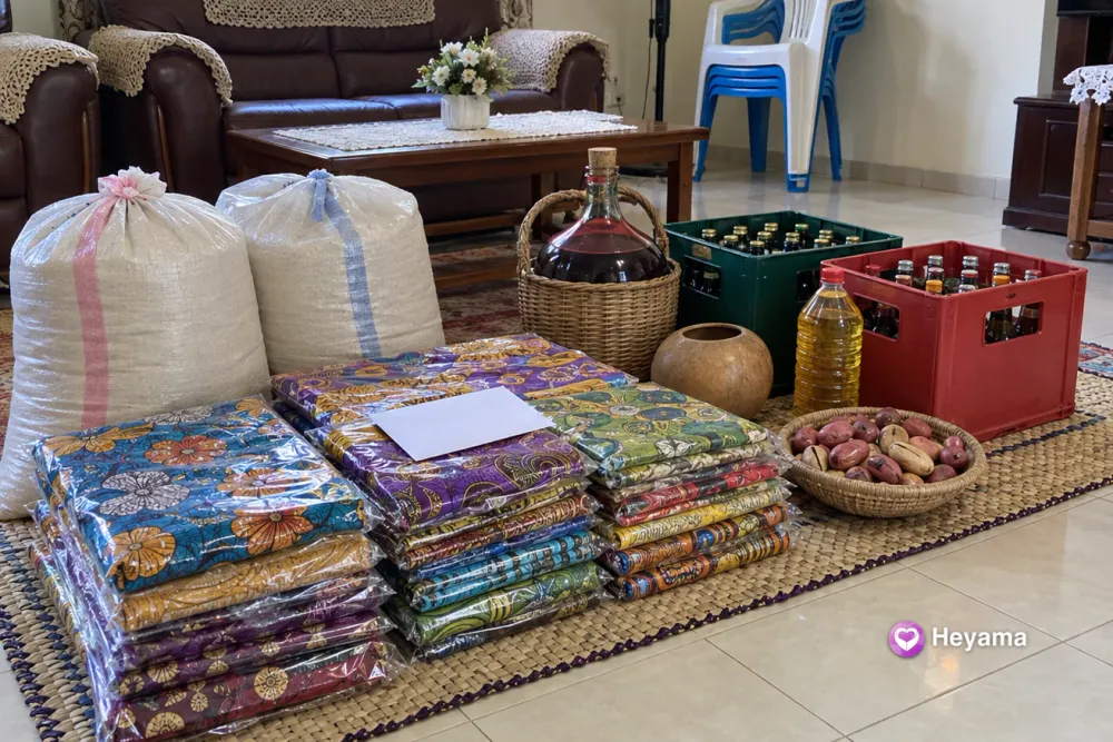 Bride price gifts laid out on a woven mat in a Douala living room: stacks of wax print fabric, rice sacks, a demijohn of wine, drink crates, kola nuts and an envelope.