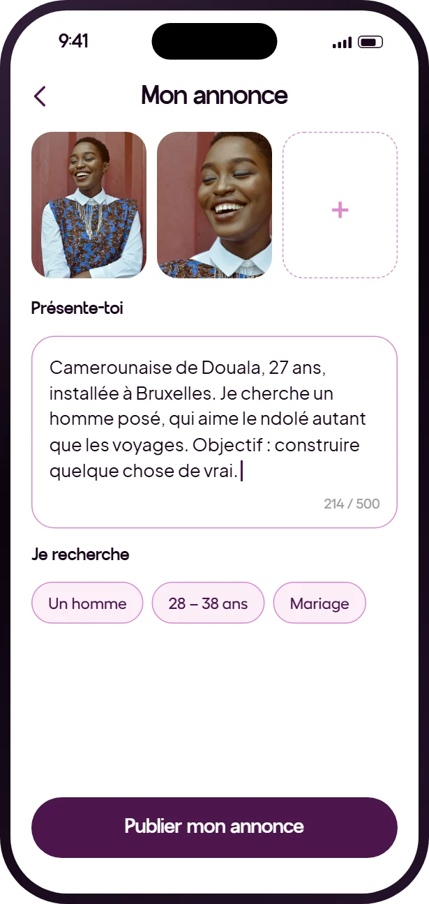 Écran Mon annonce de l’app Heyama