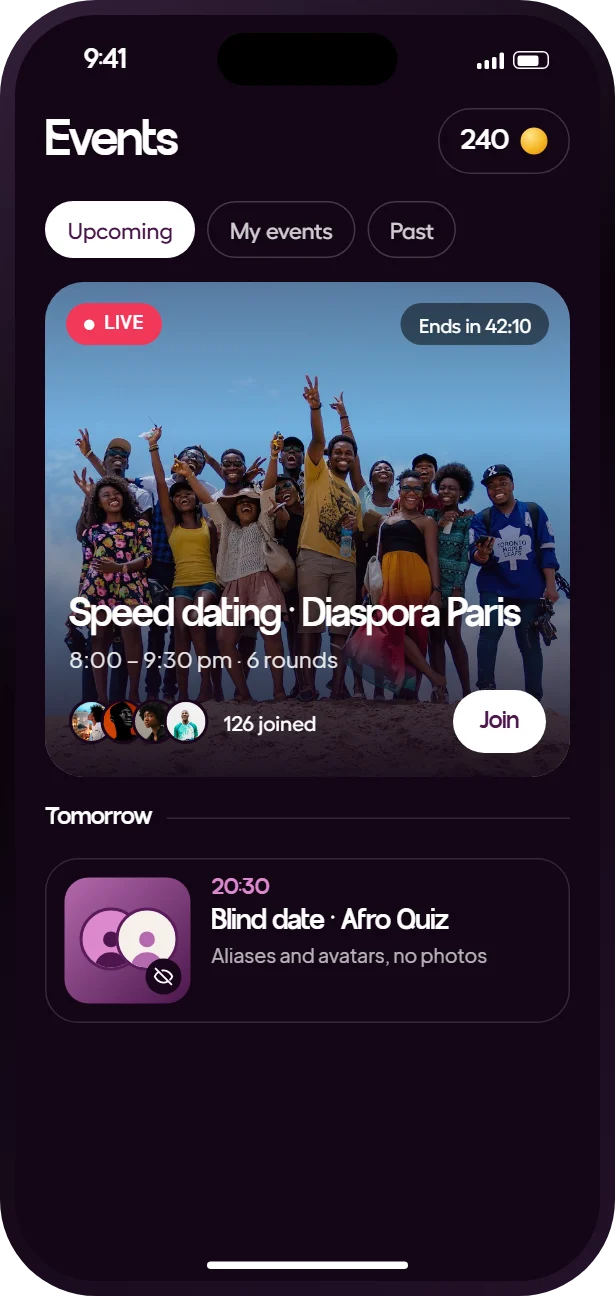 Live events screen of the Heyama app