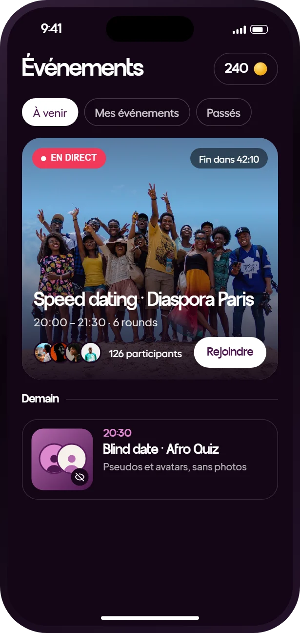 Écran Événements live de l’app Heyama