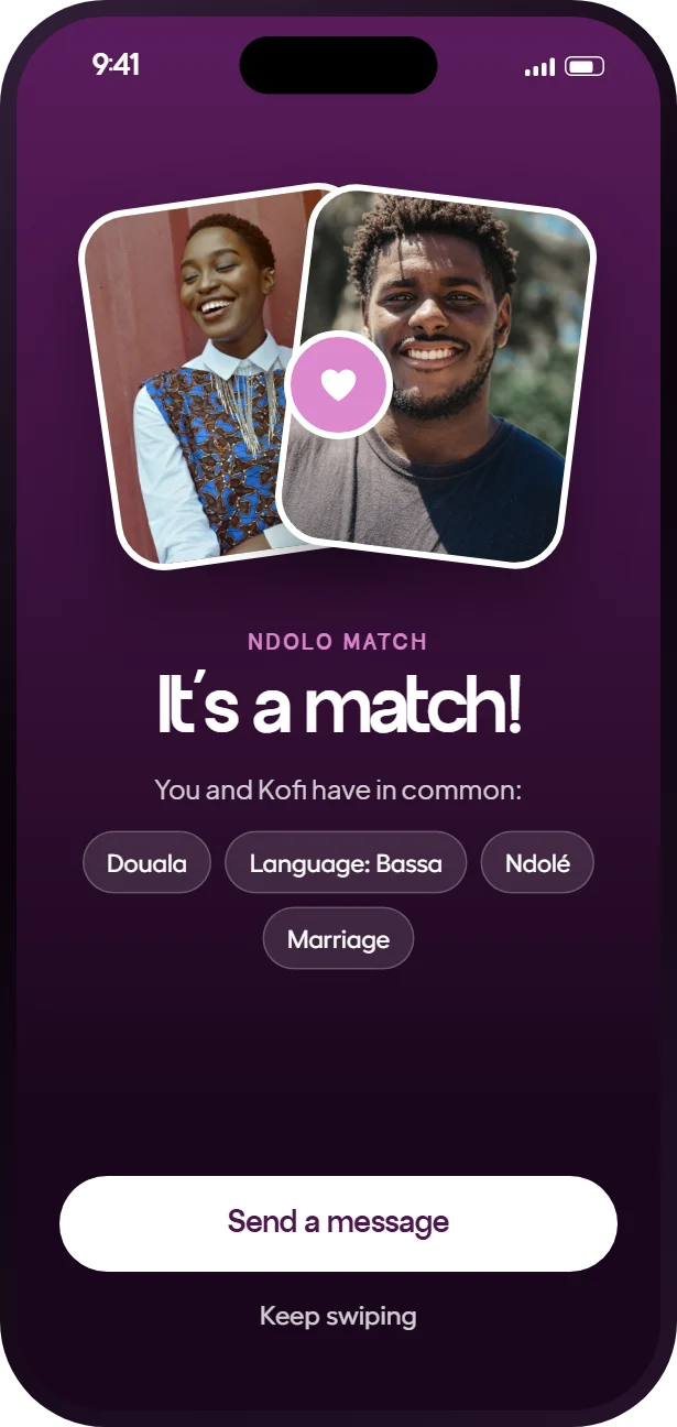 Ndolo match screen of the Heyama app