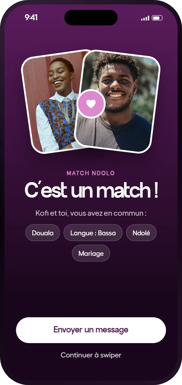 Écran de match Ndolo de l’app Heyama
