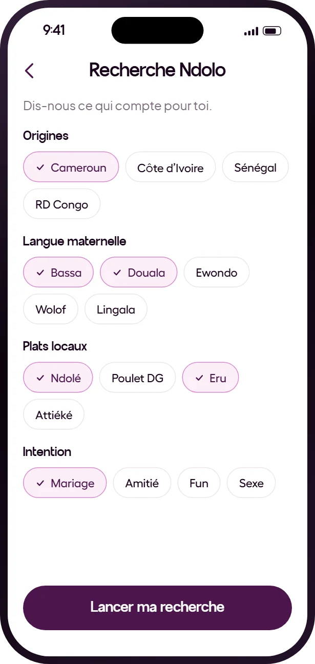 Écran de recherche Ndolo de l’app Heyama