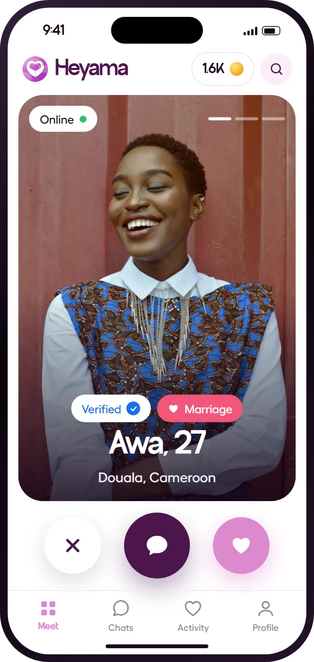 Meet screen of the Heyama app: the profile of Awa, 27, in Douala