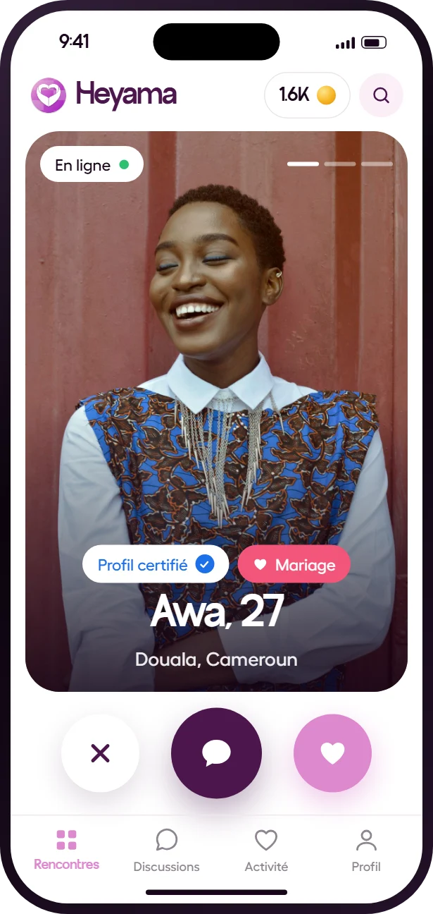 Écran Rencontres de l’app Heyama : le profil d’Awa, 27 ans, à Douala